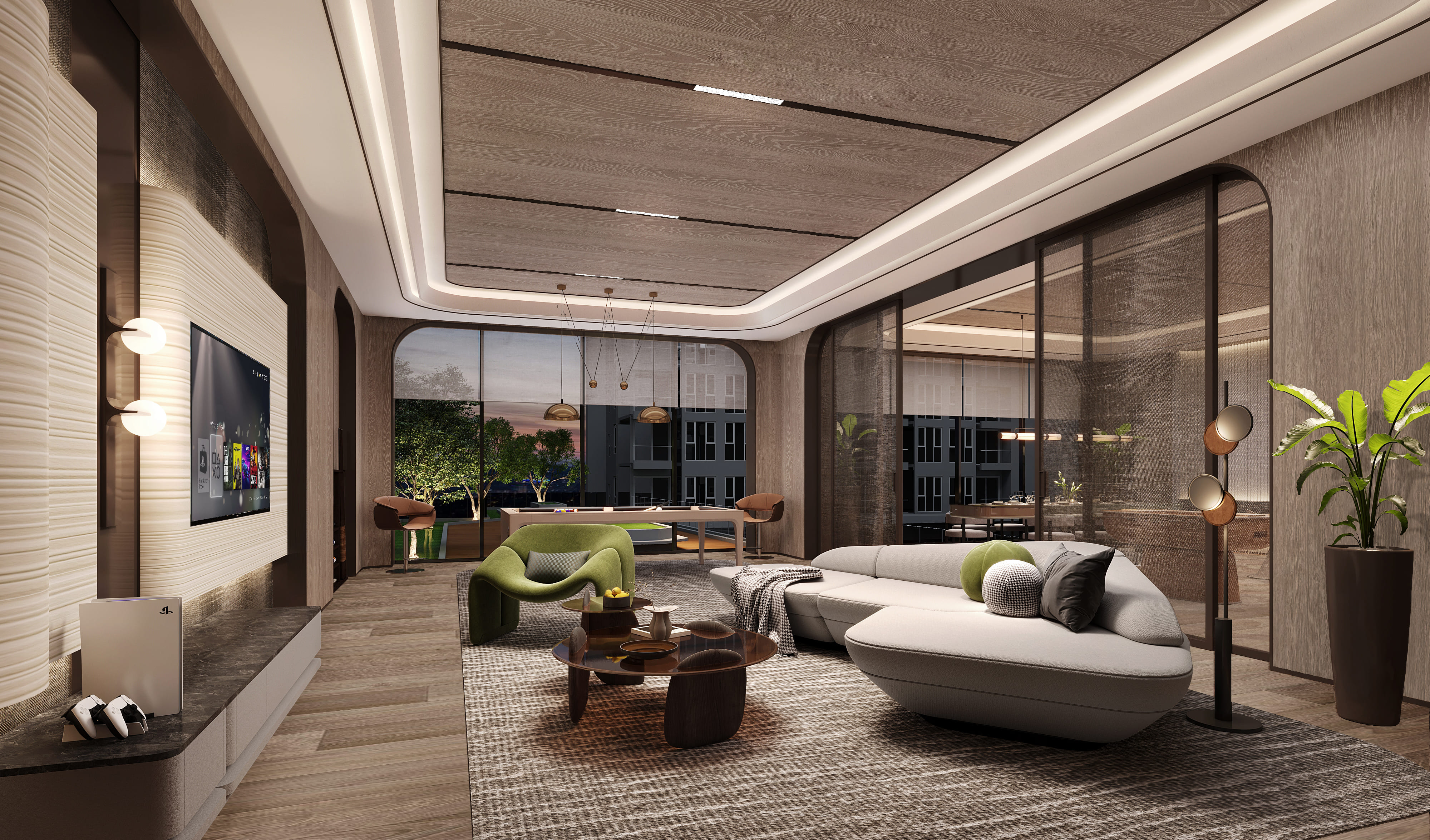 A Maison Privée living lounge with curved seating, timber finishes, and evening light