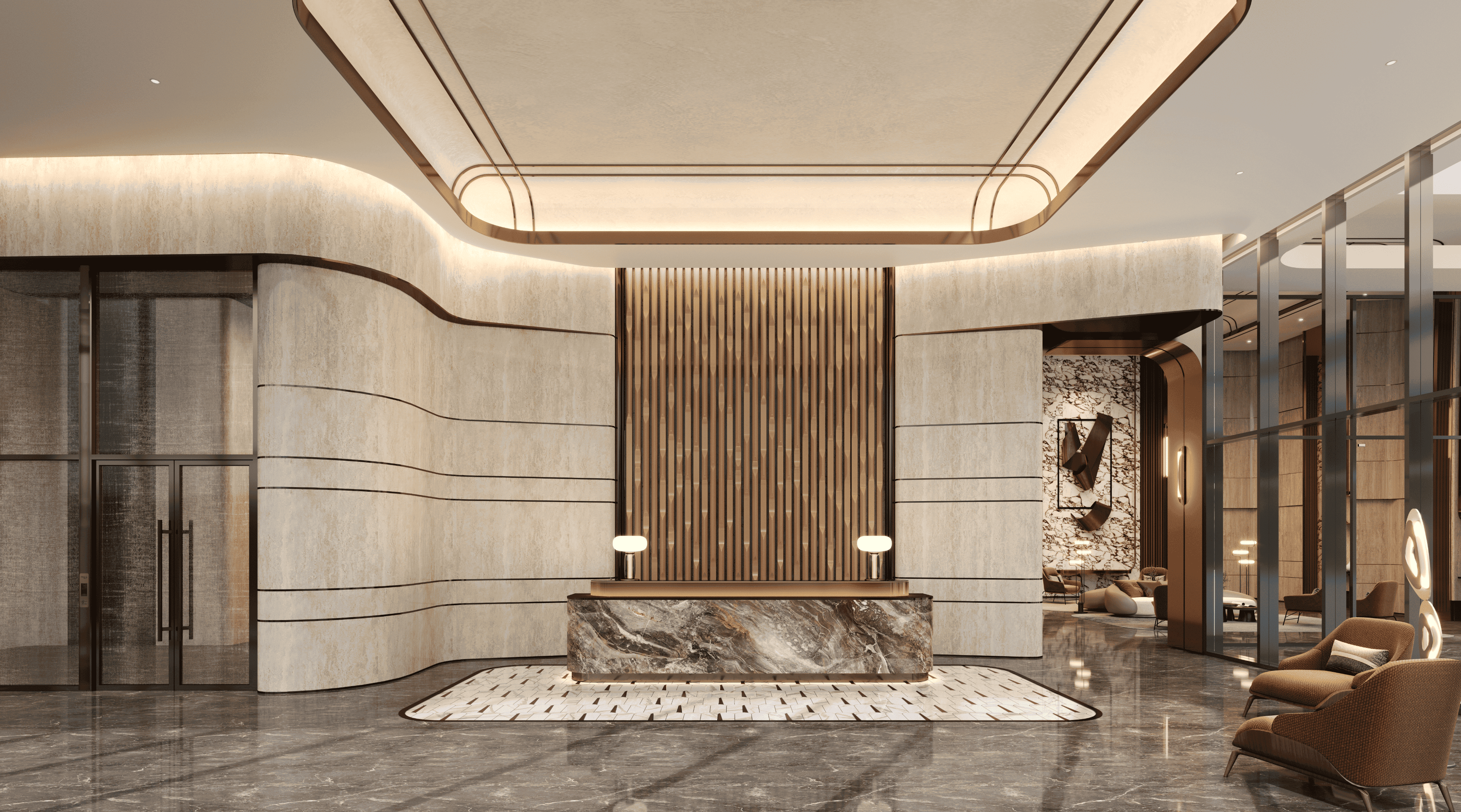 The Maison Privée lobby with a sculptural crystal chandelier above the marble reception
