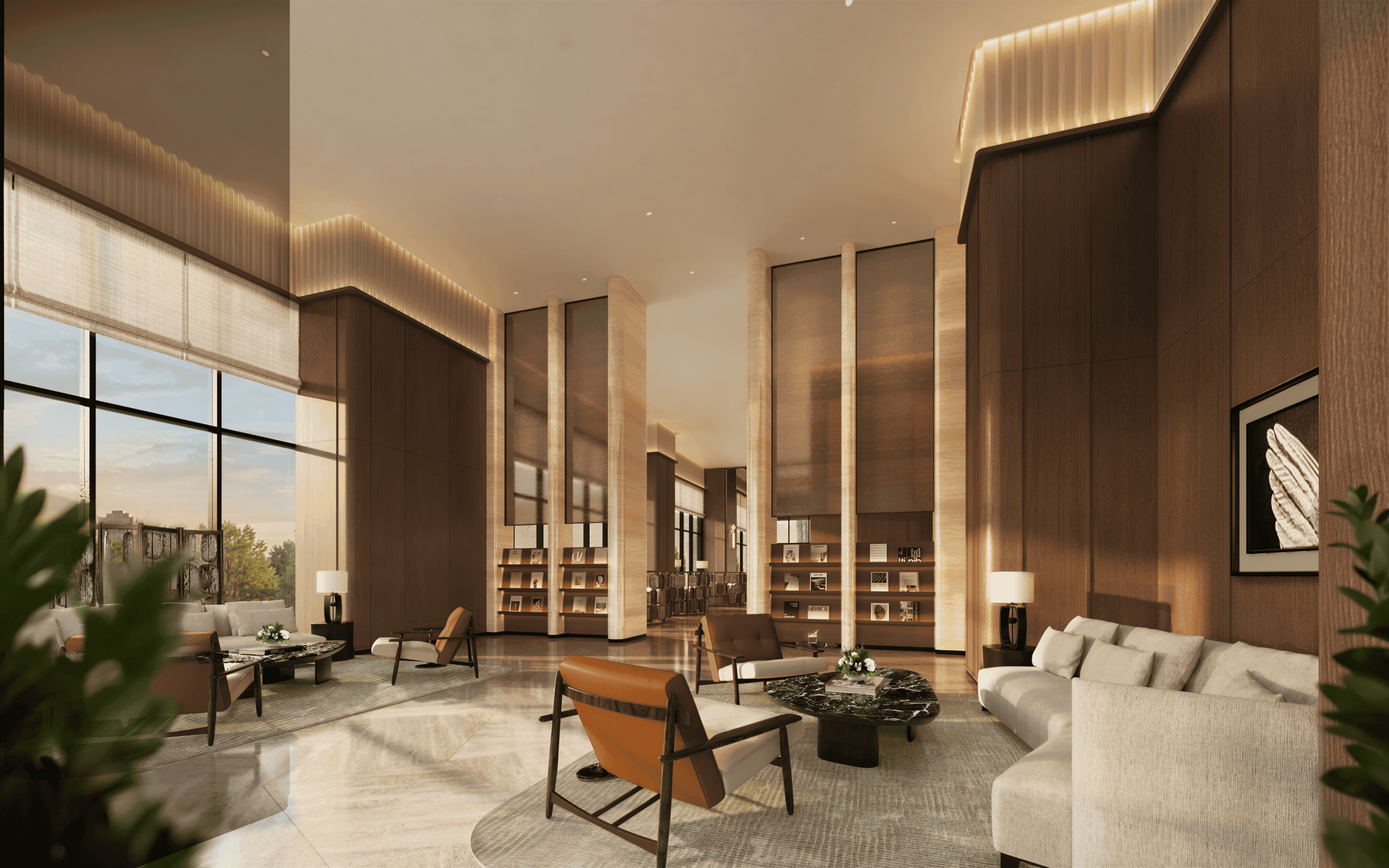 A Maison Privée living lounge with curved seating, timber finishes, and evening light
