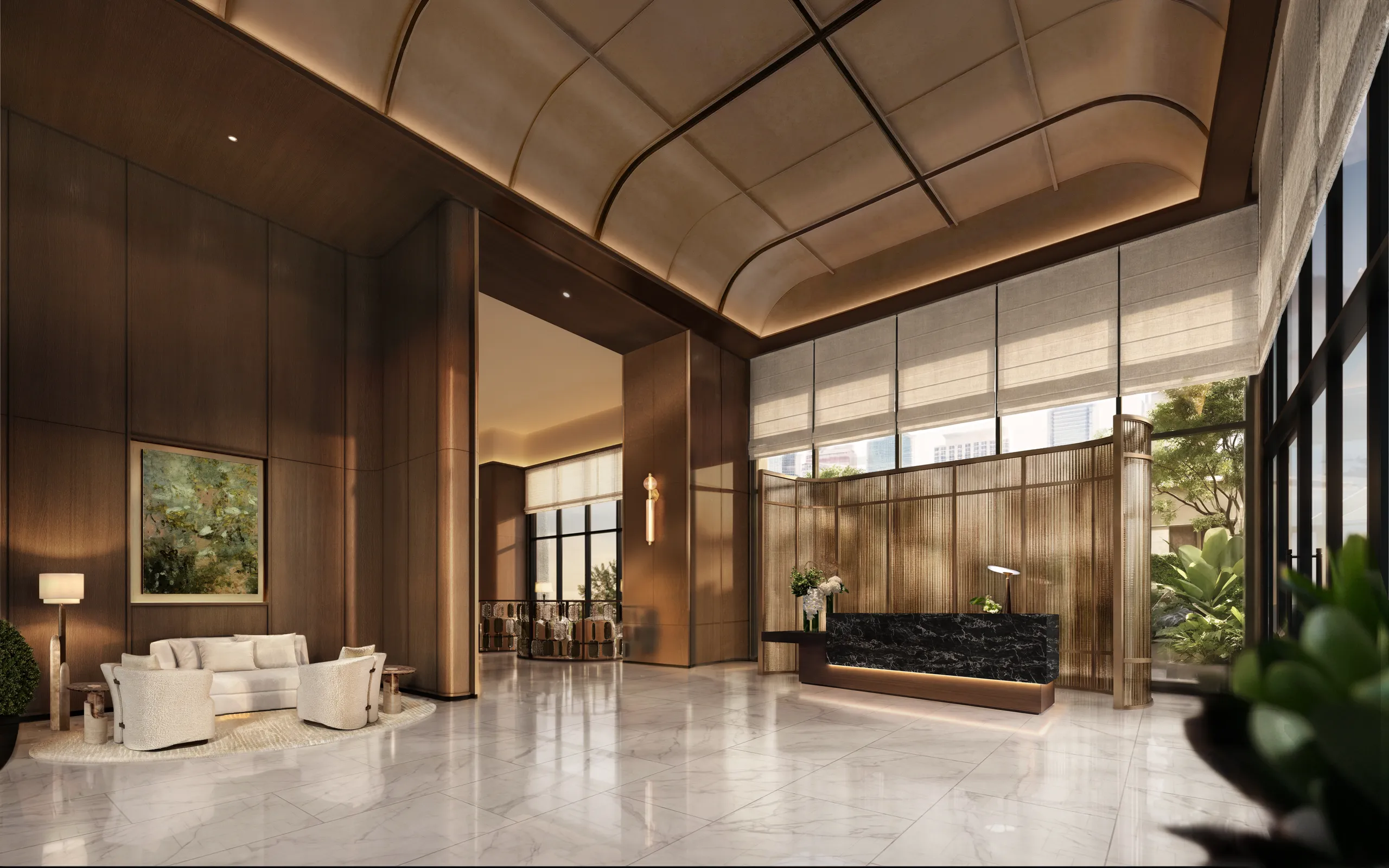 The Maison Privée Reserve arrival court at dusk, with an olive tree beneath the sky garden