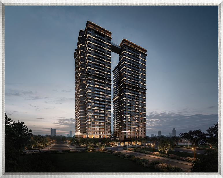 Dusk render of the Maison Privée twin towers linked by a sky bridge